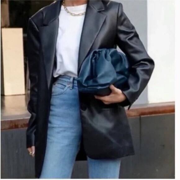 NWT REBECCA MINKOFF BLACK Faux Leather Blazer Jacket 2 Button & Pockets Sz M & L - Picture 2 of 13